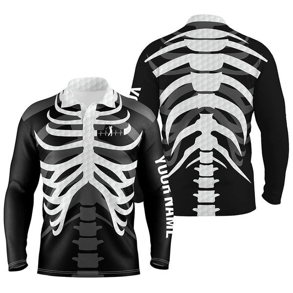 Black and white Mens golf polo shirts custom golf heartbeat Skeleton Halloween golf attire for men NQS6254