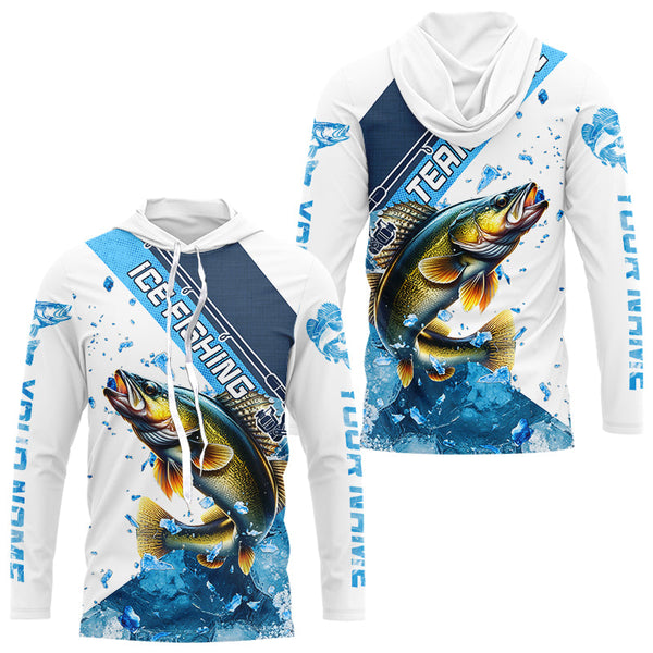 Personalized Blue Ice Walleye Ice Fishing Shirts Custom Walleye Long Sleeve Fishing Jersey for Team NQS9289