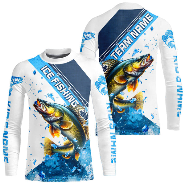 Personalized Blue Ice Walleye Ice Fishing Shirts Custom Walleye Long Sleeve Fishing Jersey for Team NQS9289