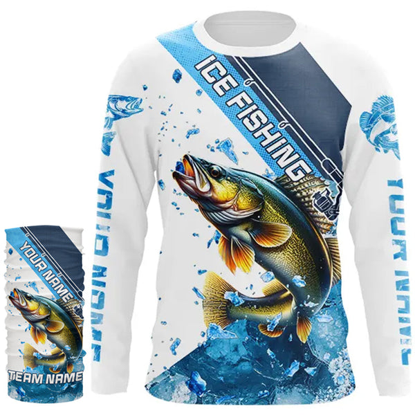 Personalized Blue Ice Walleye Ice Fishing Shirts Custom Walleye Long Sleeve Fishing Jersey for Team NQS9289