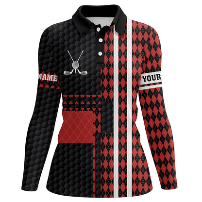 Black and red argyle pattern Womens golf polo shirt custom name golfing gifts, ladies golf tops NQS7089