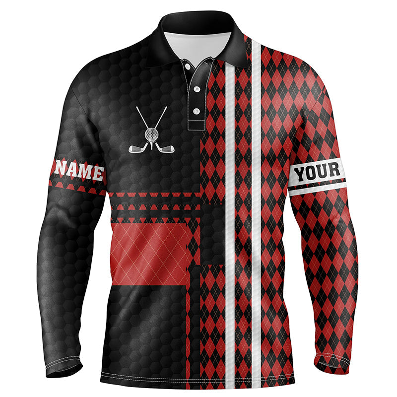 Black and red argyle pattern Mens golf polo shirts custom golfing gifts, best mens golf tops NQS7089