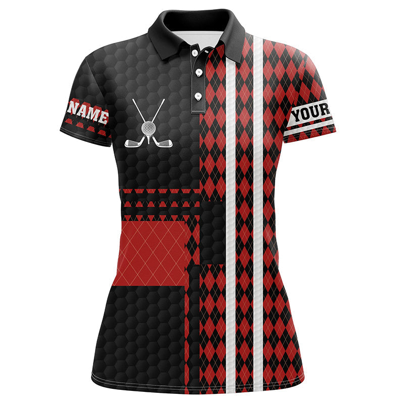 Black and red argyle pattern Womens golf polo shirt custom name golfing gifts, ladies golf tops NQS7089