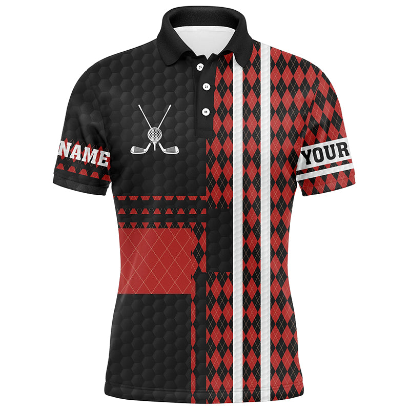 Black and red argyle pattern Mens golf polo shirts custom golfing gifts, best mens golf tops NQS7089