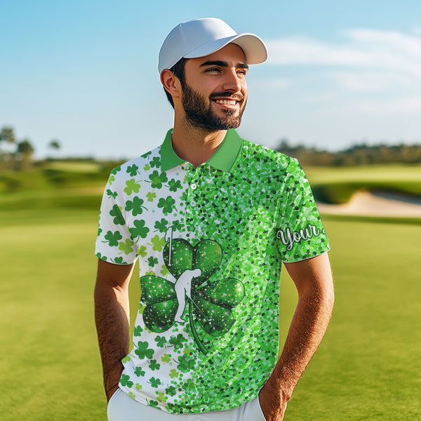 Green glitter shamrock clover Mens Golf Polo Shirts custom St Patrick day golf shirt for mens NQS9462