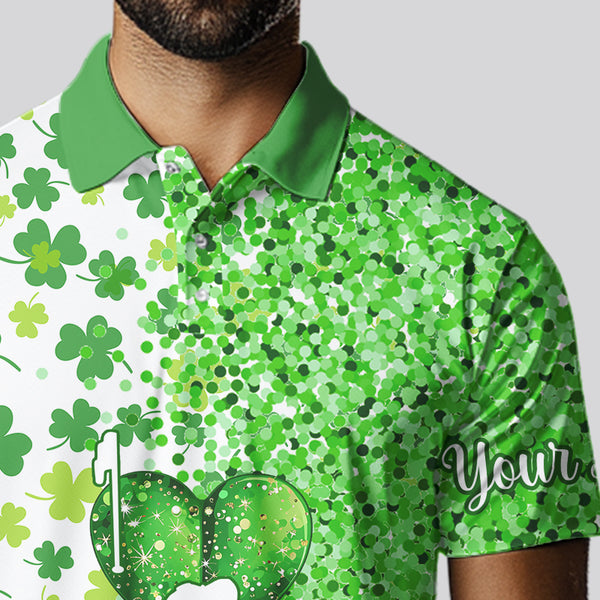 Green glitter shamrock clover Mens Golf Polo Shirts custom St Patrick day golf shirt for mens NQS9462