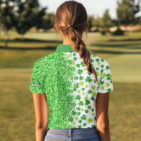 Green glitter shamrock clover Womens Golf Polo Shirts custom St Patrick day golf shirt for ladies NQS9462