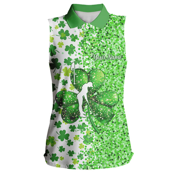 Green glitter shamrock clover Womens Sleeveless Polo Shirt custom St Patrick day golf shirt for ladies NQS9462