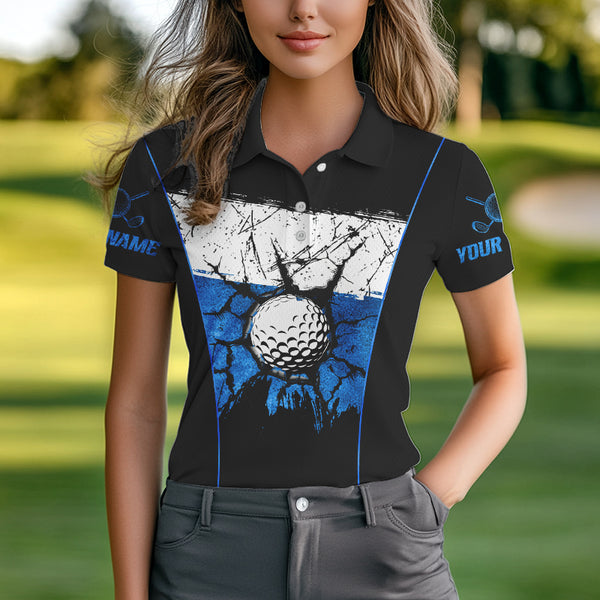 Black, White & Blue Retro broken Golf ball Women Polo shirt Custom Team golf outfit ladies golf top NQS9788