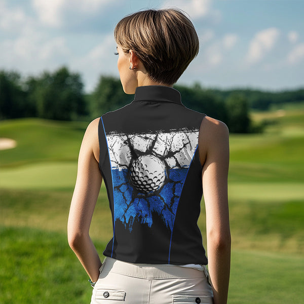 Black, White & Blue Retro broken Golf ball Women Sleeveless Polo shirt Custom Team golf outfit ladies NQS9788