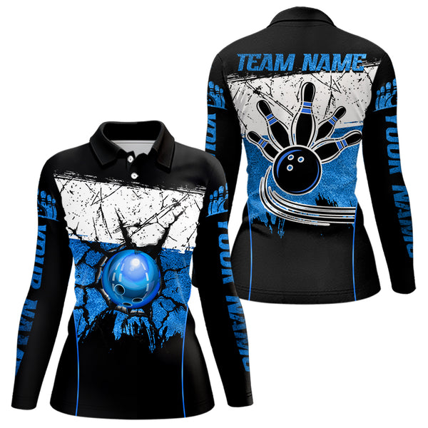 Black, White & Blue Retro broken Bowling ball Polo, 1/4 Zip Shirt For Women Custom Bowling Team Shirts NQS9789