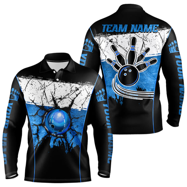 Black, White and Blue Retro broken Bowling ball Polo, 1/4 Zip Shirt For Men Custom Bowling Team Shirts NQS9789