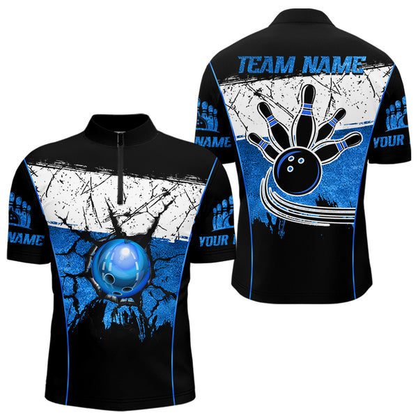 Black, White and Blue Retro broken Bowling ball Polo, 1/4 Zip Shirt For Men Custom Bowling Team Shirts NQS9789