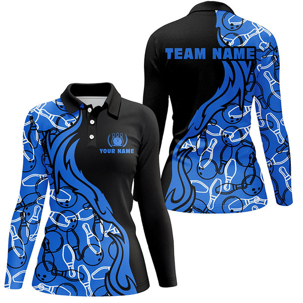 Black and blue pattern bowling polo shirts for women, custom team bowling jerseys for girl bowlers NQS5355