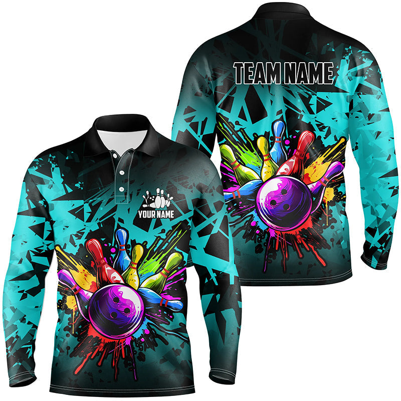 Colorful bowling jerseys Polo, 1/4 Zip Shirt for Men Custom Bowling Team shirts for bowler | Cyan Blue NQS7707