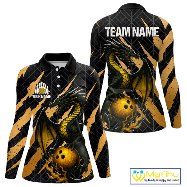 Black and Gold Dragon Bowling Polo, Quarter Zip Shirts for Women Custom Bowling Outfit Team jersey NQS10037