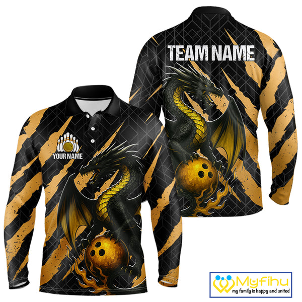 Black and Gold Dragon Bowling Polo, Quarter Zip Shirts for Men Custom Bowling Outfit Team jersey NQS10037