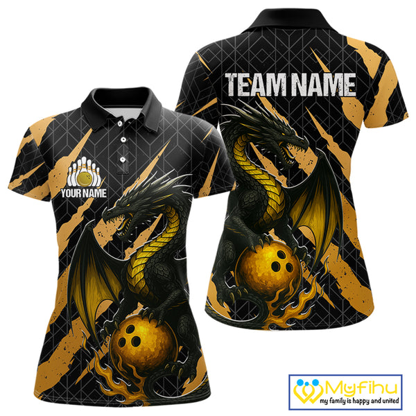 Black and Gold Dragon Bowling Polo, Quarter Zip Shirts for Women Custom Bowling Outfit Team jersey NQS10037