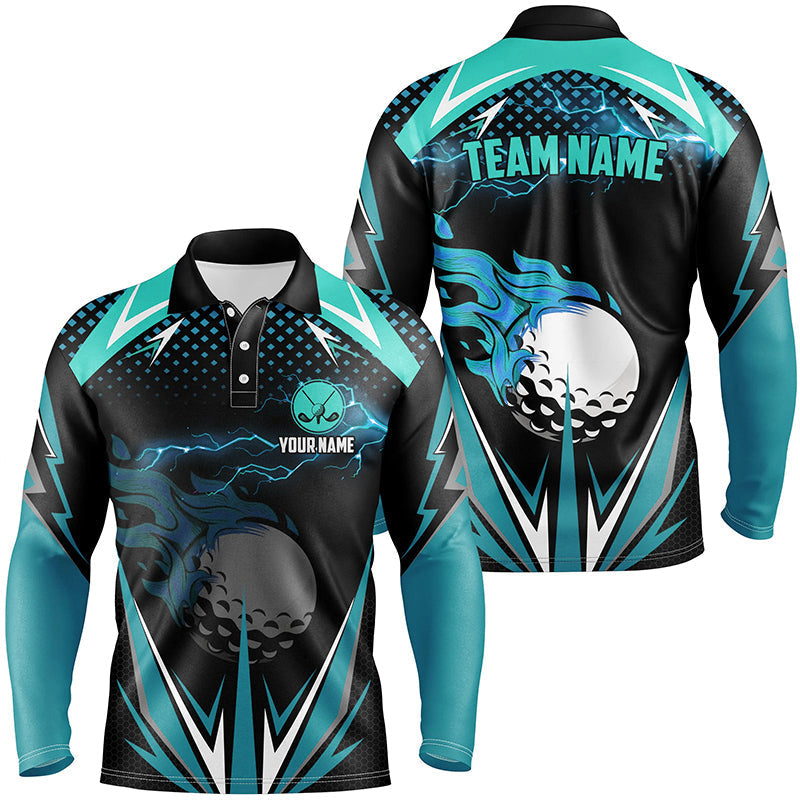 Black Mens golf polo shirts custom Cyan Blue fire lightning team golf jerseys, golf attire for men NQS7944