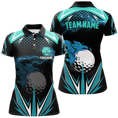 Black Womens golf polo shirts custom Cyan Blue fire lightning team golf jersey, golf attire for ladies NQS7944