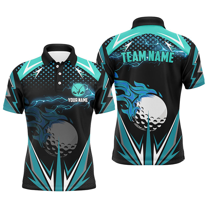 Black Mens golf polo shirts custom Cyan Blue fire lightning team golf jerseys, golf attire for men NQS7944