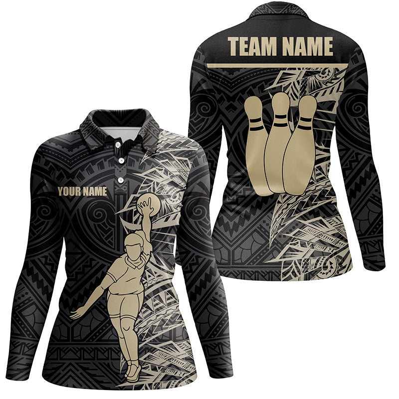 Personalized Bowling polo Shirts for women Golden Black Tribal team Bowling Jersey Gift For Her NQS6031