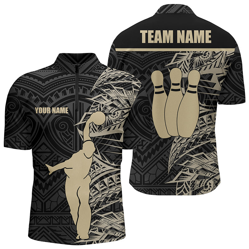 Personalized Bowling Quarter-Zip Shirts for Men Golden Black Tribal team Bowling Jersey Gift For Him NQS6031