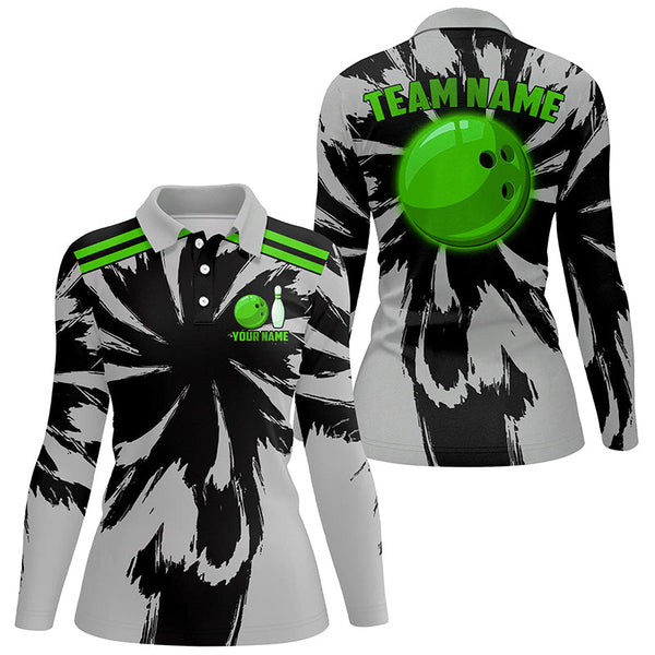 Black and Gray bowling Polo, Quarter Zip Shirt for Women Custom Green bowling ball Team Bowling jersey NQS8145