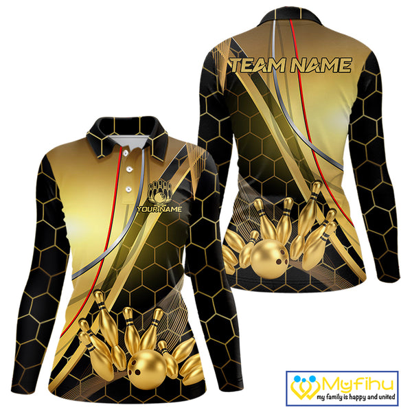Custom Black and Gold Bowling Polo, Quarter Zip Shirts For Women, Bowling Team League Jersey NQS10346