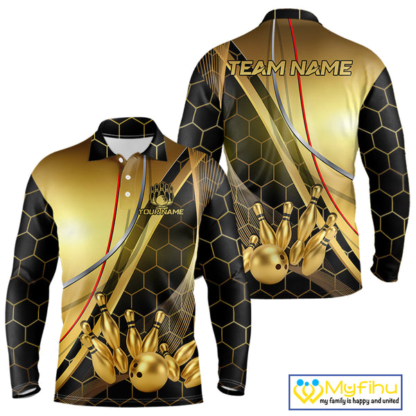 Custom Black and Gold Bowling Polo, Quarter Zip Shirts For Men, Bowling Team League Jersey NQS10346