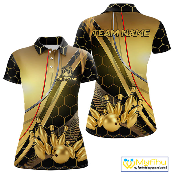 Custom Black and Gold Bowling Polo, Quarter Zip Shirts For Women, Bowling Team League Jersey NQS10346