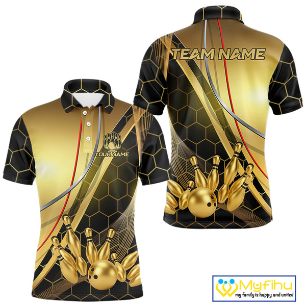 Custom Black and Gold Bowling Polo, Quarter Zip Shirts For Men, Bowling Team League Jersey NQS10346