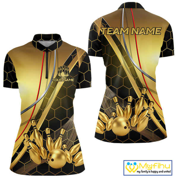 Custom Black and Gold Bowling Polo, Quarter Zip Shirts For Women, Bowling Team League Jersey NQS10346