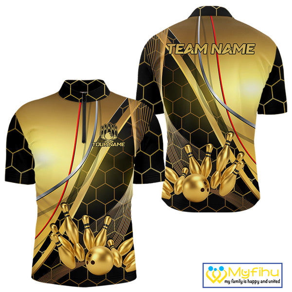 Custom Black and Gold Bowling Polo, Quarter Zip Shirts For Men, Bowling Team League Jersey NQS10346