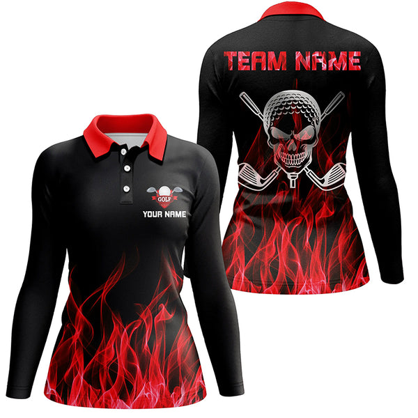 Black Womens golf polo shirt custom red flame skull golf clubs, personalized golf gifts for women NQS6258