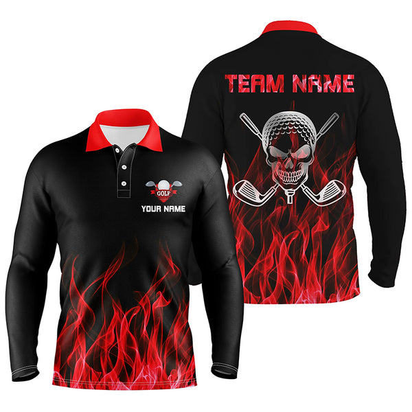 Black Mens golf polo shirts custom red flame skull golf clubs, personalized golf gifts for men NQS6258