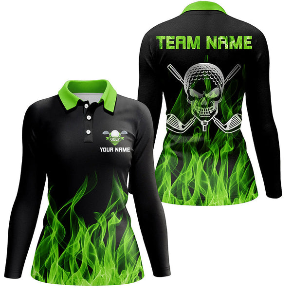 Black Womens golf polo shirt custom green flame skull golf clubs, personalized golf gifts for women NQS6259