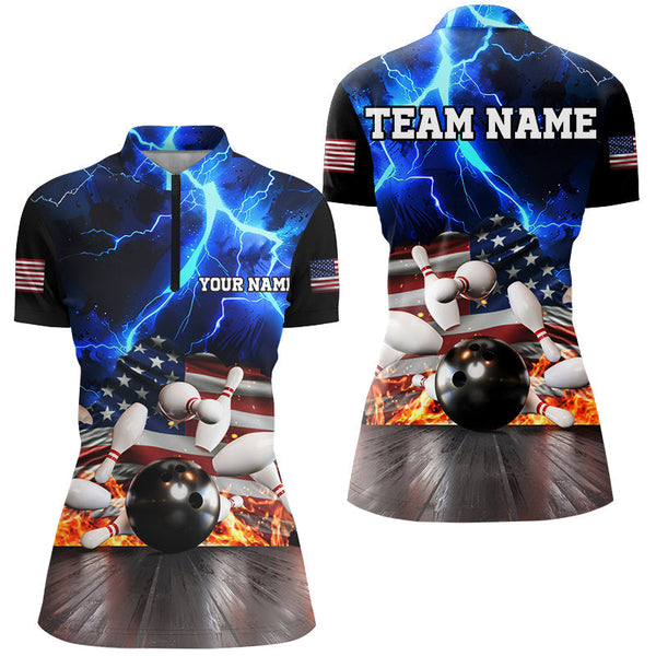 Blue Lightning thunder storm American Flag Bowling Shirts For Women Custom Bowling Team League Jerseys NQS8579