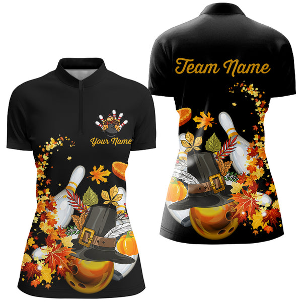 Thanksgiving Bowling Shirt Custom Women Bowling Polo, 1/4 zip Shirt black team league bowling jerseys NQS8824