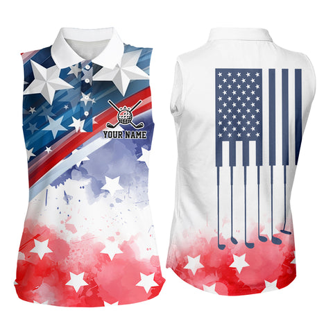 Watercolor American Flag Women sleeveless polo shirt custom name patriotic team golf shirts for ladies NQS8827