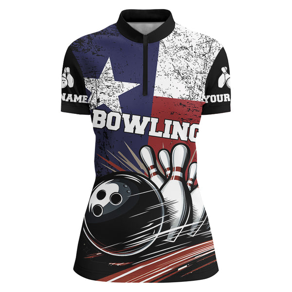 Grunge Texas Flag Retro Black Bowling Polo, Quarter Zip shirts for Women custom team bowling jersey NQS8829