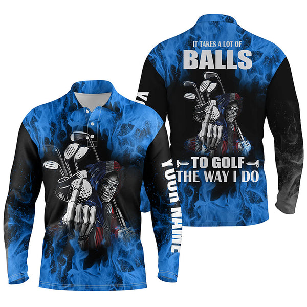 Mens golf polo shirts custom name blue flame golf skull it takes a lot of ballsto golf the way I do NQS4467