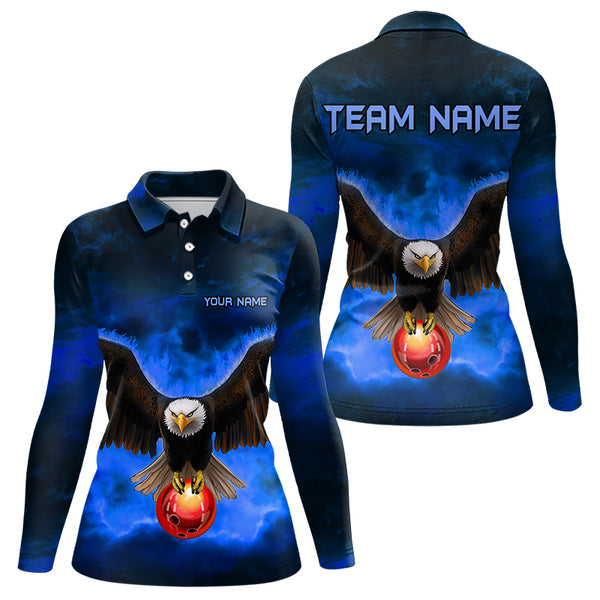 Personalized Blue Flame Eagle Custom Bowling Team Shirts For Women, Fire Eagle Bowling League Jersey NQS9614