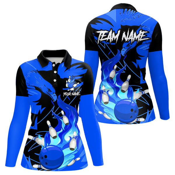 Eagle flame bowling ball and pins custom Women Bowling Shirts, team bowling jerseys | Blue NQS9616