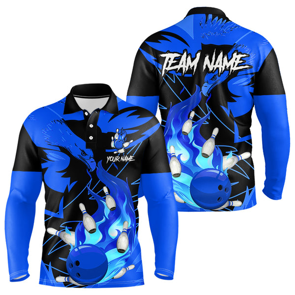 Eagle flame bowling ball and pins custom Mens Bowling Shirts, team bowling jerseys | Blue NQS9616