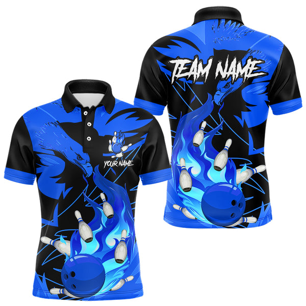 Eagle flame bowling ball and pins custom Mens Bowling Shirts, team bowling jerseys | Blue NQS9616