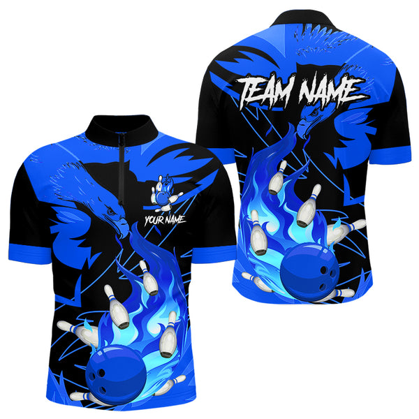 Eagle flame bowling ball and pins custom Mens Bowling Shirts, team bowling jerseys | Blue NQS9616