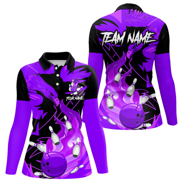 Eagle flame bowling ball and pins custom Women Bowling Shirts, team bowling jerseys | Purple NQS9617