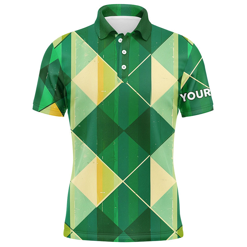 Green yellow argyle plaid pattern Mens golf polo shirts custom mens golf shirts, green golf tops NQS7372