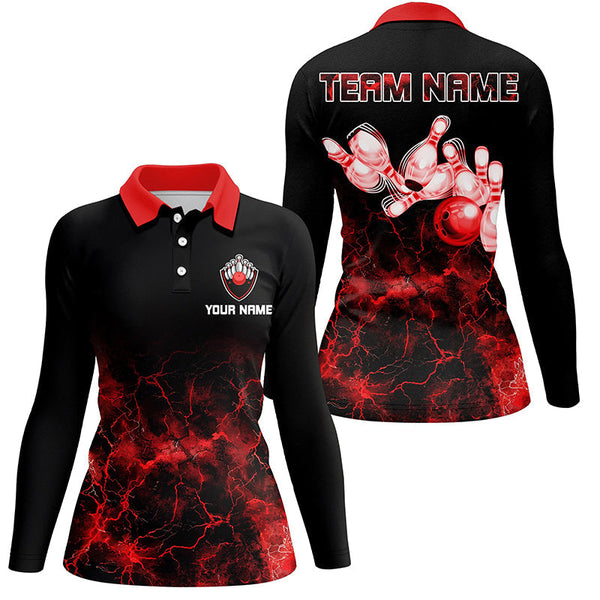 Personalized Womens bowling polo shirt Red lightning Bowling Ball Pins bowling jerseys for Bowler NQS7376